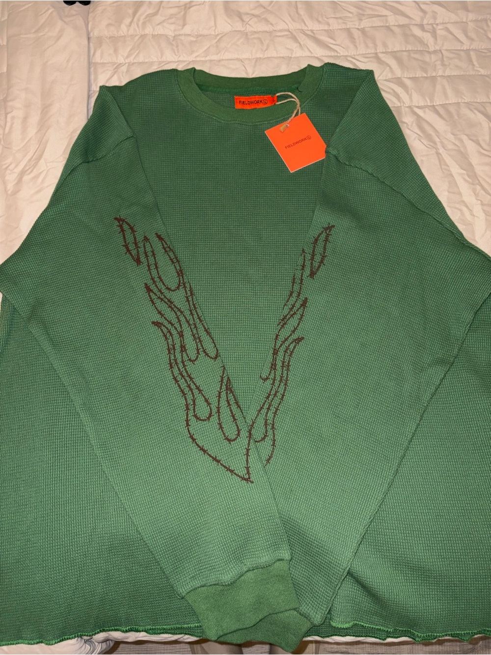 Fieldwork Green Thermal Crewneck Sweater with Flame Stitch
